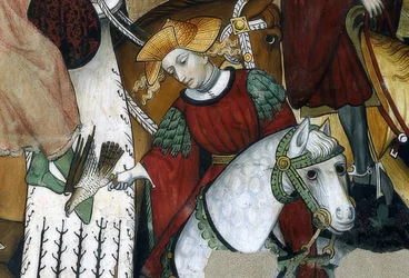 Nuoruuden lähde. Yksityiskohta: haukkametsästäjä linnunsa kanssa. 1418-30