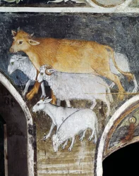 Kotieläimet, yksityiskohta Giacomo Jaquerion (1375-1453) freskosta, St Anthony of Ranverson luostari, Buttigliera Alta, Piemont, Italia