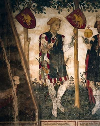 Valerano ja Tuomas III Saluzzosta, yksityiskohta Baronial Hallin freskoista, n. 1410-1430 (fresko)
