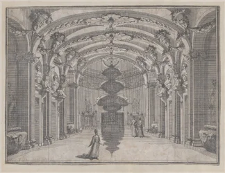 Teatterikohtaus suuressa salissa, jossa on holvikatot ja keskusveistos, ..., n. 1687-1717.