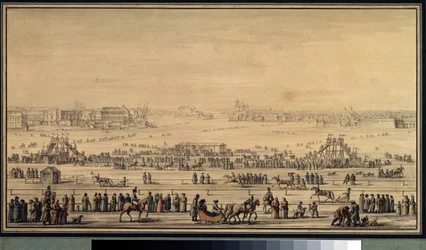 Shakes pakenee liukumäkeä Nevalla Pietarissa, noin 1800 (vesiväri paperille).