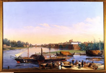 Näkymä Pavian satamasta (Pavia) Po-joella ja höyrylaiva Principessa Clementina””””” Giacomo Trecourtin (1812-1882) maalaus 1800-luku