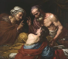 Isaac benit Jacob - Isaac siunaa Jacobia, kirjoittanut Langetti, Giovan Battista (1635-1676). Öljy kankaalle, 1660-1670. Mitat : 109x126 cm. Muzeul National Brukenthal, Sibiu