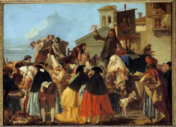 Hammaslääkäri poistaa hampaan ja heiluttelee sitä kuin palkintoa Venetsian karnevaalissa. Giovanni Domenico Tiepolon (Giandomenico Tiepolo) maalaus (1727-1804) 1754. Aurinko 1,1x0,8 m