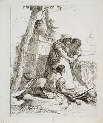 Taikuri osoittaa palavan pään kahdelle nuorelle, c. 1740-luku