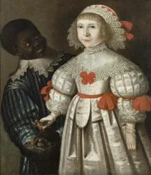Florence Poulettin ja Ashton Courtin Thomas Smythin tytär mustan hovipoikansa kanssa, noin 1640
