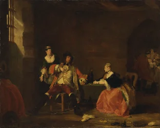 Kapteeni Macheath, jota Polly ja Lucy moittivat "Kerjäläisoopperassa", 1826