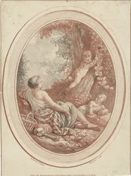 Bacchanal nymfi ja putti lähellä puita
