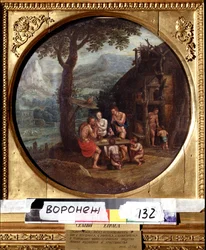 Henokin (tai Henokin tai Enokin tai Henokin) perhe. Enochin perhe. Gillis Mostaertin (1534-1598) maalaus. Hollantilainen taide, manierismi. Öljy kankaalle. Ivan Kramskoy (tai Kramskoi) taidemuseo Voronezhissa (Voronezh), Venäjä.
