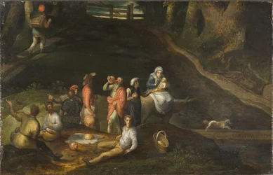 Paysage avec la Sainte Famille - Maisema Pyhän perheen kanssa, kirjoittanut Mostaert, Gillis (1534-1598). Öljy puulle