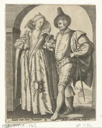 Mies ja nainen pukeutuneena vuosien 1590-1600 muodin mukaan