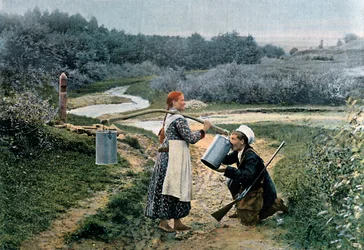 Metsästäjä ottaa drinkin nuorelta naiselta, Venäjä, c1890