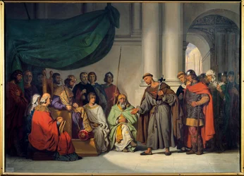 Ensimmäinen ristiretki: "" Itäinen keisari Alexis Comnene (1048-1118) vastaanottaa Pietari Erakon, joka tuli kehottamaan häntä ristiretkeen Konstantinopolissa elokuussa 1096"" Gillot Saint Evren (1791-1858) maalaus 1839 su. 0,98 x 1,36 m Versailles. Chatea