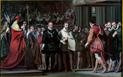 Espanjalainen Philip II tunnustaa Henrik IV:n Ranskan kuninkaaksi Gillot Saint Evren (1791-1858) maalaus 1837 su. 0,17x0,71 m