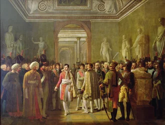 Keisari Napoleon I (1769-1821) vastaanottaa armeijan jäseniä kruunajaistensa jälkeen 8. joulukuuta