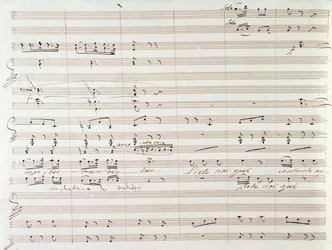 Sivu Le Comte Oryn musiikkikappaleesta Gioacchino Rossinin käsinkirjoitetuilla korjauksilla