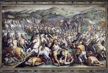 Scannagallon taistelu Valdichianassa (Val di Chiana). Giorgio Vasarin ja hänen studionsa (1511-1574) fresko. Palazzo Vecchio (Salone dei Cinquecento).
