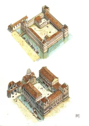 Ilmakuva Venetsian Pyhän Markuksen aukiolla sijaitsevan Dogen palatsin (tai Herttuan palatsin tai Palazzo Ducalen) rakennusvaiheista 7. ja 12. vuosisadalla. Italia