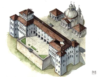 Barokkitaidetta: ilmakuva Chigi a Ariccian palatsista, Lazio, 1600-luvulla. Italia