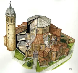 Bysanttilainen taide: Ravennassa (Ravenna) sijaitsevan Pyhän Vitalin (Saint Vital tai San Vitale) basilikan esitys 5. vuosisadalla. Ilmakuva, jossa on leikkauksia sisätilojen näkemiseen. Italia Giorgio Albertinin kuvitus. (Tekijän teosten käyttö ei ole sal