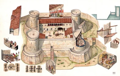 Yksityiskohtainen ilmakuva Pirro del Balzon vuonna 1470 rakennuttamasta Venosan aragonialaisesta linnasta Potenzan lähellä Basilicatassa, Italiassa Kuppien avulla voit nähdä vankeja vankilana toimineiden tornien sisällä olevissa selleissä. Yksityiskohtaise