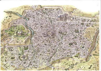 Keskiaika: yksityiskohtainen ilmakuva Samarkandin (Samarkand) kaupungista, valleja näkyy, Uzbekistanissa mongolien Chaybanid-dynastian aikaan. 1450 Keski-Aasian ympärillä. Kuvitus: Giorgio Albertini. (Tämän kirjoittajan teosten käyttö on