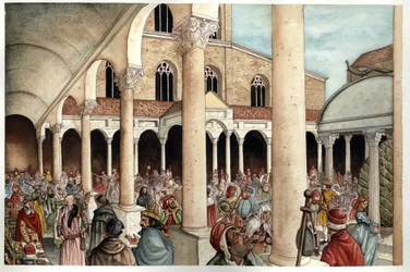 Keskiaika: fideles, pelerins, kauppiaat ja roomalaiset edustettuina 1200-luvulla Rooman Rooman Rooman Pietarin basilikan (Pyhän Pietarin tai San Pietron tai Konstantinuksen basilikan) peristyylissä (sisäänkäynti), joka on peräisin Rooman valtakunnan ajalta