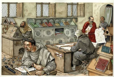 Keskiaika: munkit kopioivat käsikirjoituksia scriptoriumiin 1200-luvulla. Kuvitus: Giorgio Albertini.