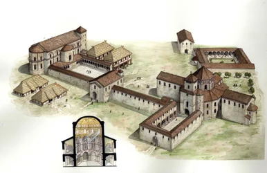 Keskiaika: yleiskatsaus ja poikkileikkaus Kaarle Suuren (n. 742-814) palatsista, jonka arkkitehti Eudes de Metz toteutti noin vuonna 794 Aachenissa (Aachen) Saksassa. Kuvitus: Giorgio Albertini. (Tekijän teosten käyttö ei ole sallittua.)