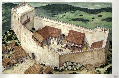 Keskiajalla: Montsegurin kataarilinnan (valmistui 1200-luvulla) jälleenrakennus, Ariege, Ranska.