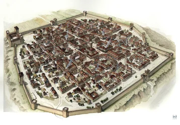 Keskiaika: Cherascon (Piemont) linnoitetun kaupungin rekonstruktio sen perustamisajankohtana 1200-luvulla, Italia.