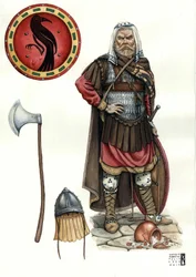 Keskiajalla: Varangian guardin (tai varegue guard) sotilas, Bysantin armeijan eliittijoukkojen sotilas.
