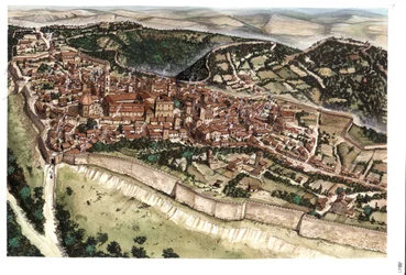 Keskiaika: näkymä Volterran keskiaikaisesta kaupungista, jota ympäröivät muurit 1300-luvulla. Toscana. Italia Kuvitus: Giorgio Albertini. (Tämän tekijän teosten käyttö ei edellytä kolmannen osapuolen lupahakemusta tai t