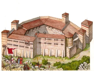 Keskiajalla: näkymä Tarnowon luostariin 1300-luvulla Serbiassa (nykyinen Kosovo).