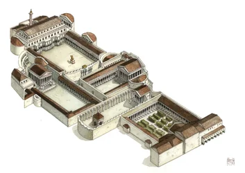 Roman antiquite: Trajanuksen foorumin (foro di traiano) jälleenrakentaminen 3. vuosisadalla jKr., Rooma. Italia.