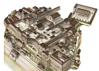 Rooman antiikki: Palatiumin (Colle Palatino) rekonstruktio 300-luvulla; peräkkäiset keisarit (Augustus, Nero, Septimius Severus) rakensivat sinne omat palatsinsa. Rooma, Italia