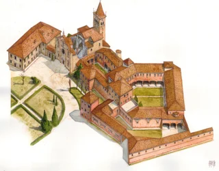 Romanogotiikkaa: ilmakuva vuosina 1176-1348 rakennetun Viboldonen luostarin rakenteesta San Giuliano Milanese -nimisessä kaupungissa Milanon lähellä Italiassa Kuvitus: Giorgio Albertini. (Tämän tekijän teosten käyttö ei edellytä lupahakemusta.