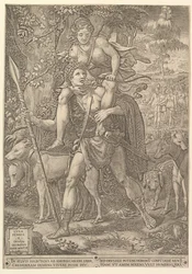 Metsästyksen allegoria, metsästäjä, jolla on suuri keihäs ja kantaa naista Dianaa shou..., 1556.