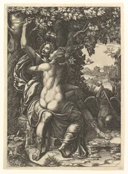 Angelica ja Medoro, pariskunta halaamassa, Medoro kaivertaa heidän nimensä..., n. 1570.
