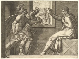 Caius Marius vankilassa, kaksi cimbrialaista sotilasta astumassa hänen selliinsä, 1560-69.