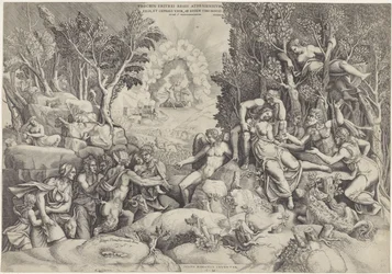 Cephalus en de Bosgoden beweenen de dood van Procris Ateenan kuninkaan Prokrinos / Kefaloksen tytär ja vaimo, saman aviomiehen toimesta tietämättään (otsikko esineessä)