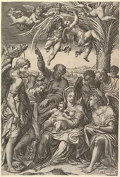 Lepää lennossa Egyptiin, pyhä perhe palmun alla enkelien ympäröimänä, laita..., 1578.