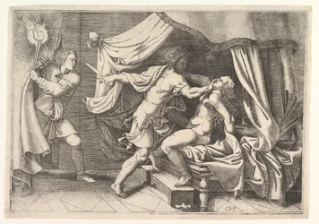 Tarquin hyökkää Lucretian kimppuun, vasemmalla oleva palvelija, joka todistaa kohtausta, n. 1540.