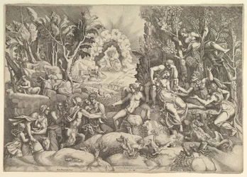 Prokriksen kuolema, Cephalus suree Prokriksen kuolemaa oikealla ympäröimänä..., noin. 1540.