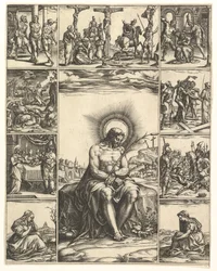 Surujen mies, Kristuksen kuva, jota ympäröi yhdeksän vinjettiä, jotka kuvaavat... kohtauksia, vuonna 1575.