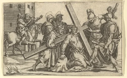 Surun neitsyt: Kristus kantaa ristiä, yksi yhdeksästä ympäröivästä osastosta f..., vuoteen 1575 mennessä.