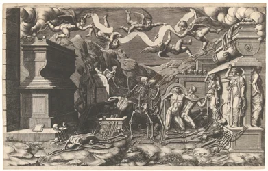 Näky Hesekielistä, ryhmä ruumiita ja luurangoja, jotka nousevat esiin haudoista, niiden yläpuolelta..., 1554.