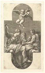 Kolme muusaa ja putto symbaaleilla, ristinmuotoinen sävellys kahdeksan sarjasta, 1560-luvulta.