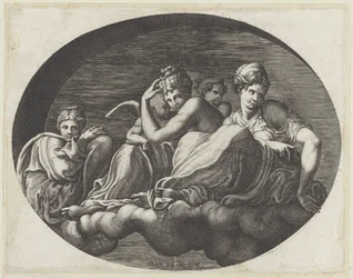 Venus, kaksi jumalatarta ja kaksi puttia Ovaaleja kattomaalauksia Fontainebleaun Galerie d