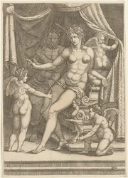 Venus ja Vulkanus istumassa vuoteella